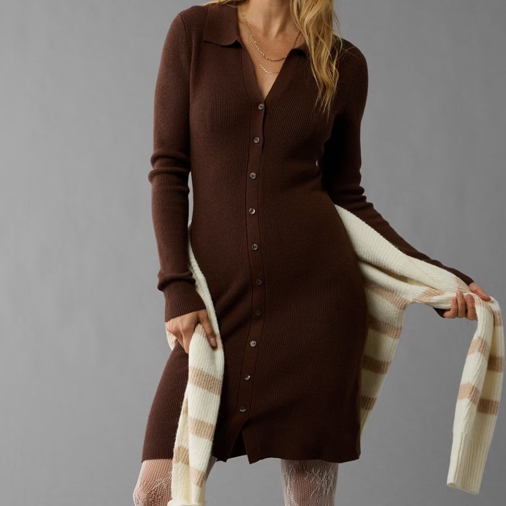 American Eagle Outfitters Brown Button-Front Midi Dress